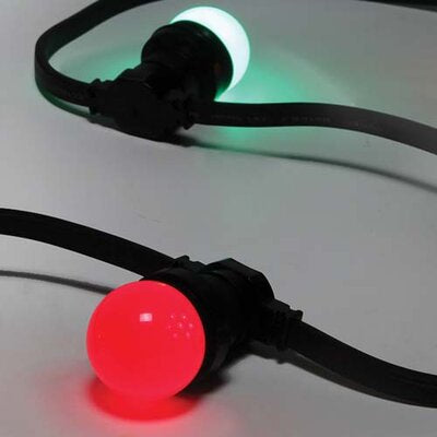 Evolamp 50 metre festoon harness on black cable with rubber sealed holders, shown with red and green lamps fitted, lamps sold separately