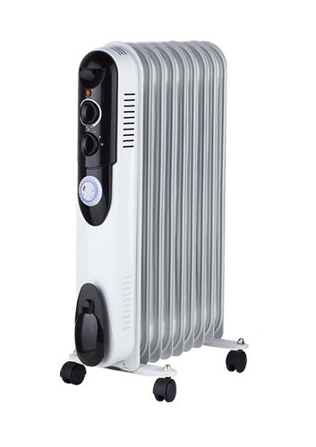 Titan 2kW oil filled radiator with nine fins, built in 24 hour timer dial and castors, in light grey