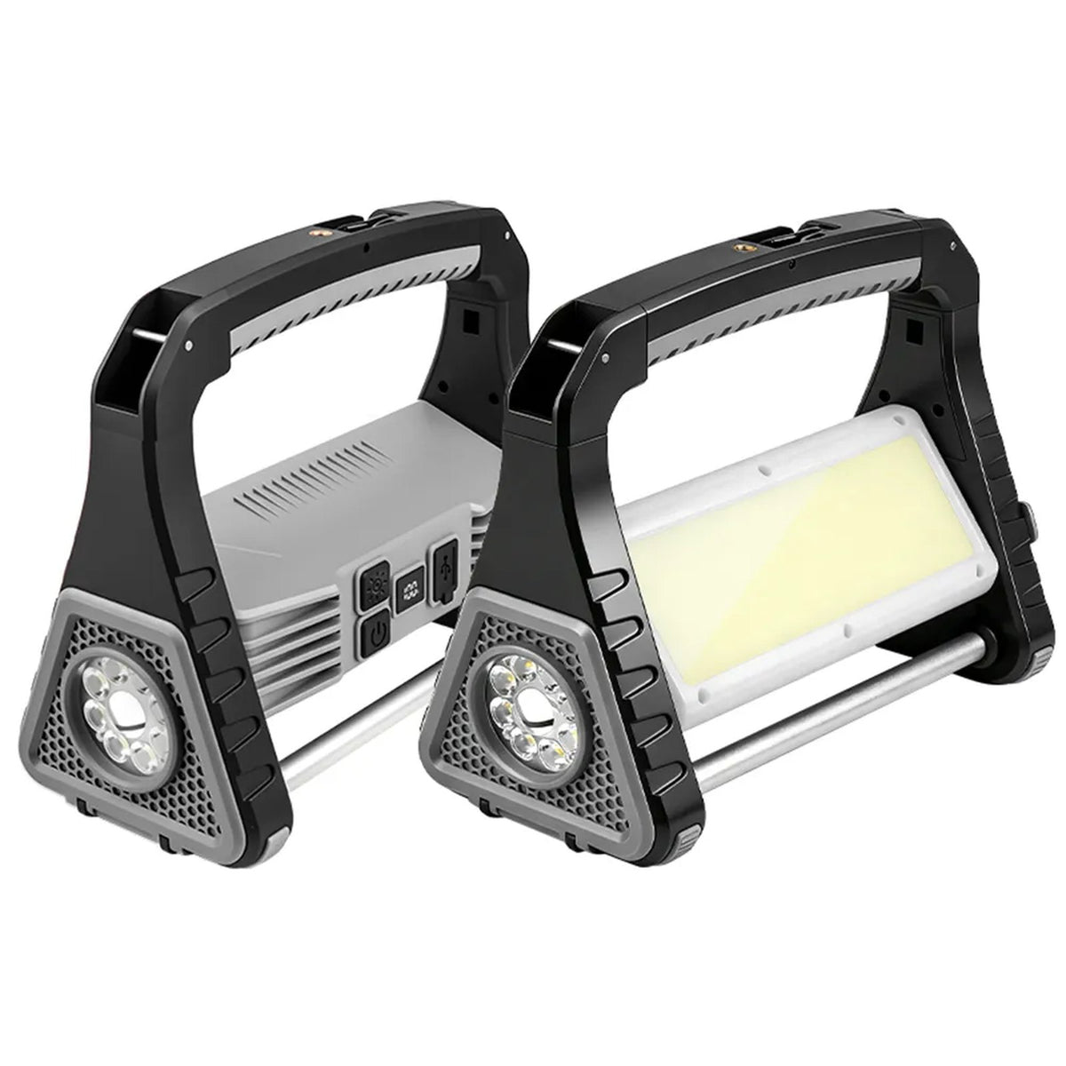 Greenlamp Star 20W rechargeable LED work light shown from the back and the front, with the push button controls and USB port on the rear and the large COB flood panel on the front, each with a carry handle