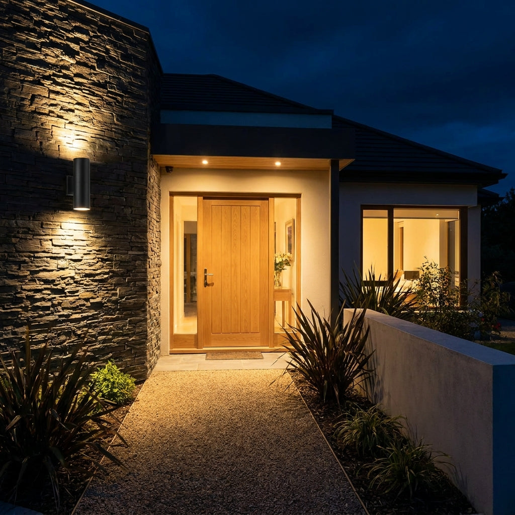 Black GU10 up and down wall light beside a contemporary house front door at night