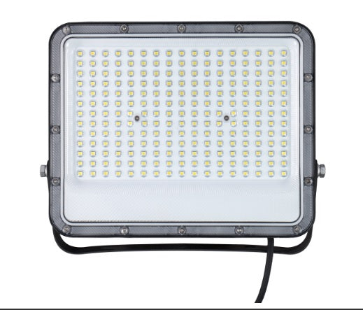 Front view of a high-power LED floodlight featuring a slimline design with multiple SMD LED chips for bright outdoor lighting.