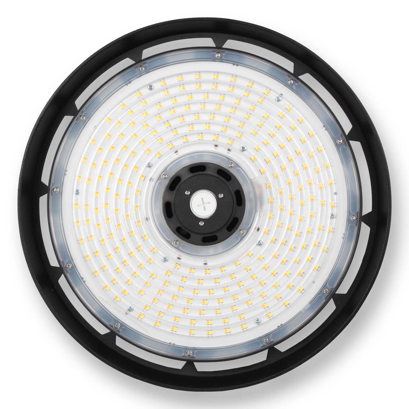 Close-up of LED high bay light showing multiple concentric rows of LED chips for maximum brightness.