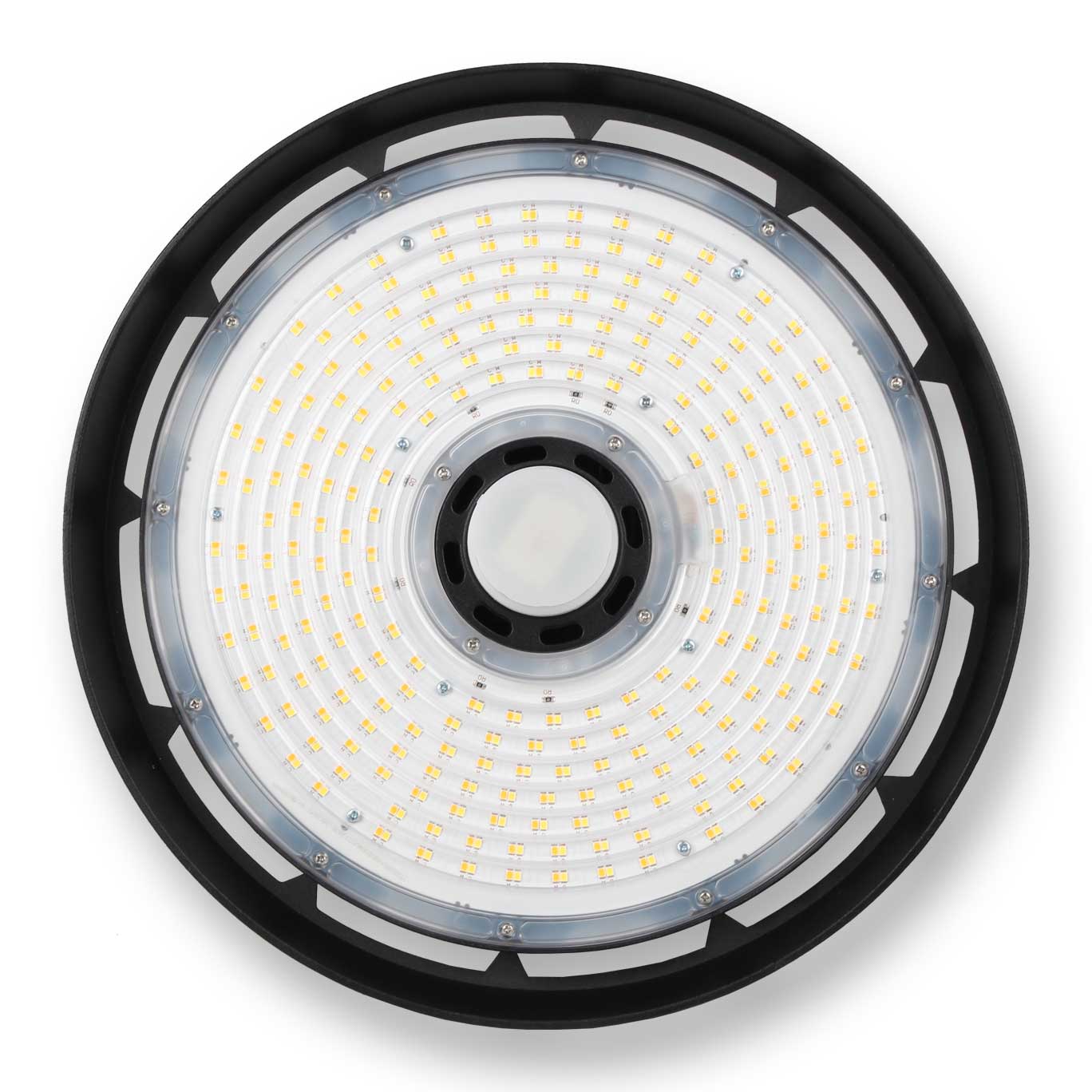 Front view of LED high bay light showing circular LED chip array for powerful and even illumination.
