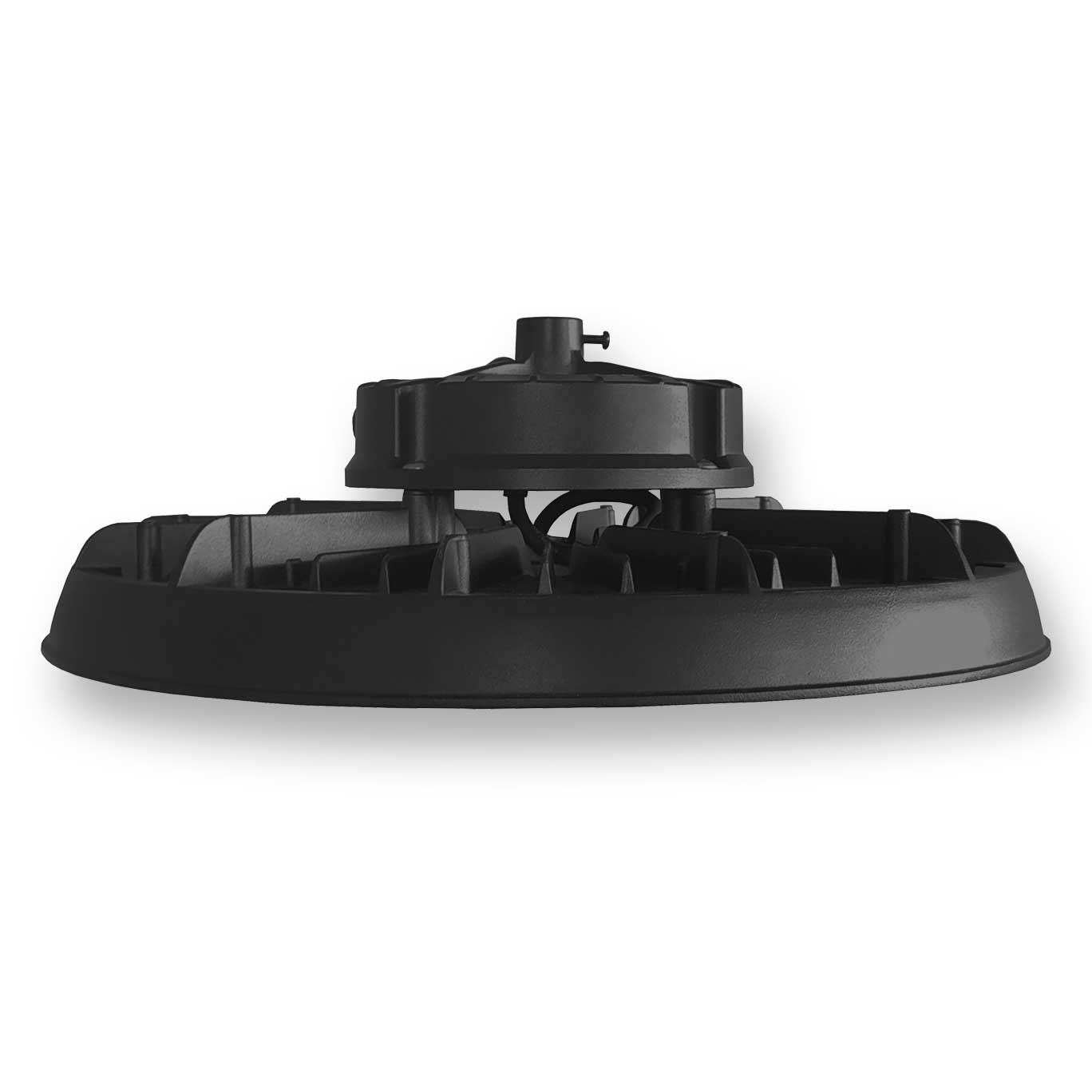 Profile view of compact LED high bay light with cooling fins for heat dissipation and durability.