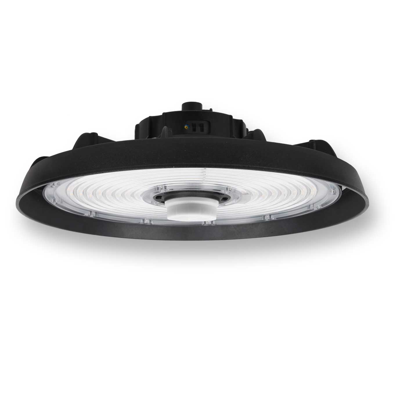 Side view of LED multi-watt high bay light with black housing and clear lens, ideal for warehouses and industrial spaces.