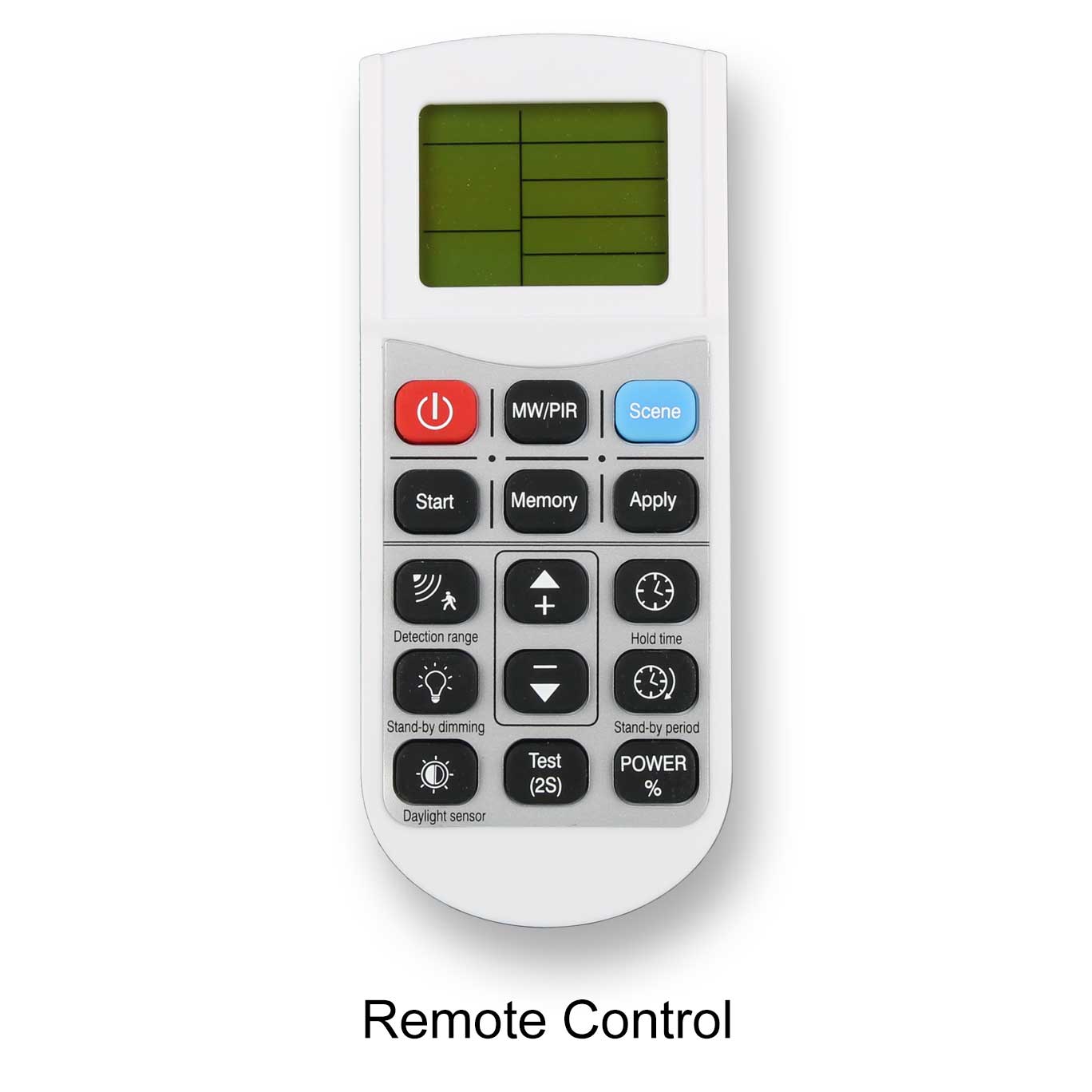Remote control for LED high bay light with multiple functions including dimming, scene selection, and timing.