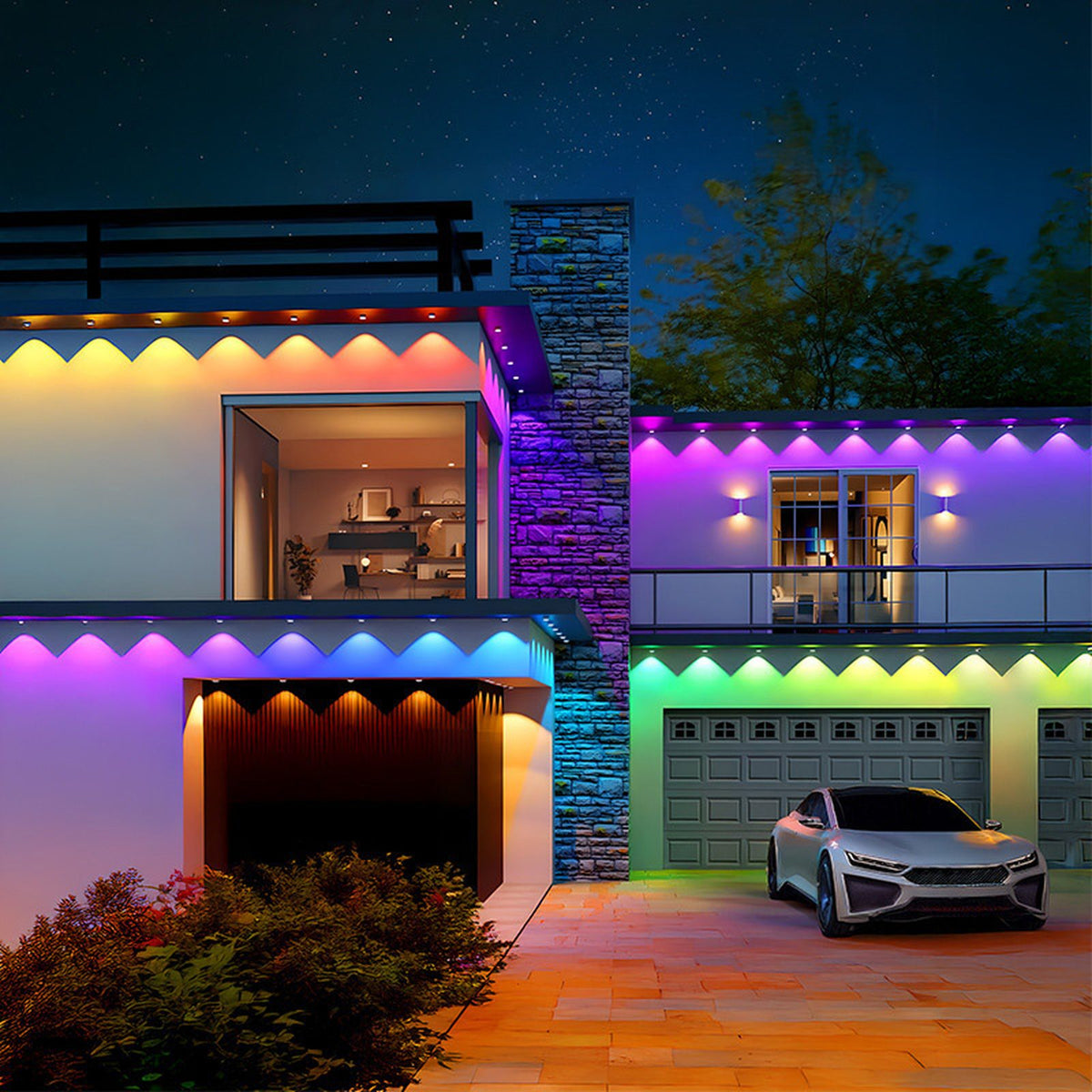 A modern house at night with RGB permanent outdoor lights under the eaves and balcony, washing the walls below in purple, pink, blue and green