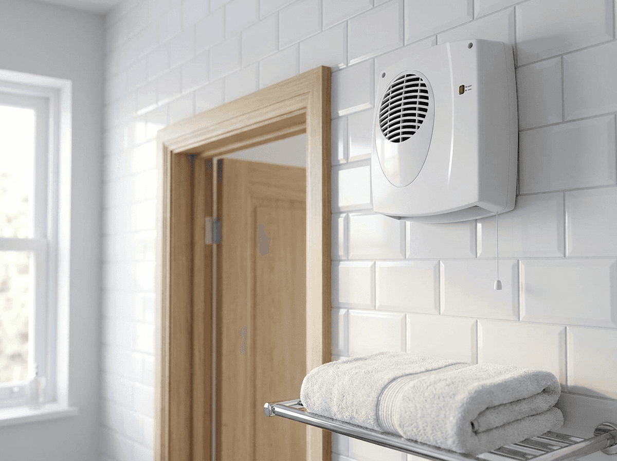 A white Titan downflow bathroom heater mounted high on a white tiled wall above a doorway, with its pull cord hanging down and folded towels on a rail below
