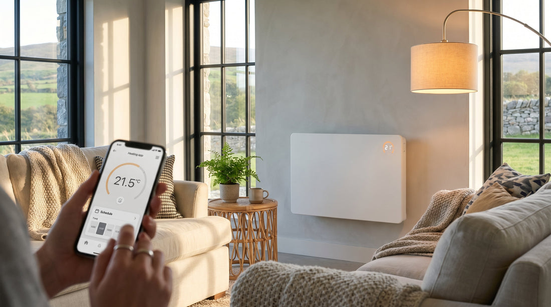 Modern Irish living room with a wall-mounted white smart electric panel heater and a smartphone showing a heating control app.
