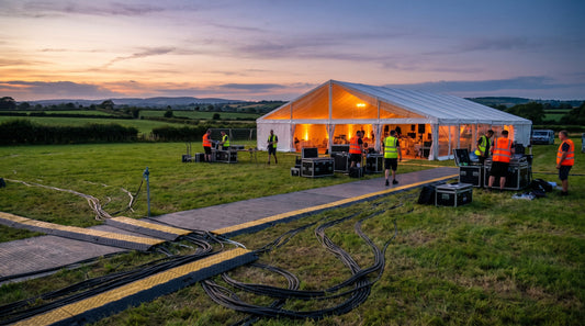 Outdoor event marquee at dusk with cable management and LED lighting — Shamrock Electrical Supplies Ireland