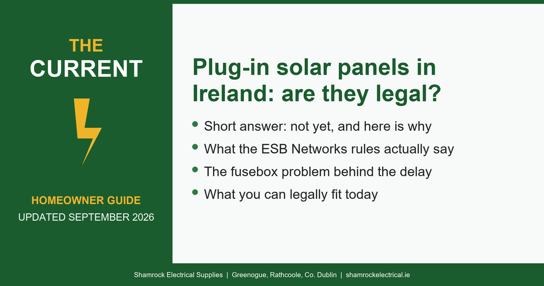 Guide graphic: plug-in solar panels in Ireland, are they legal, from Shamrock Electrical Supplies
