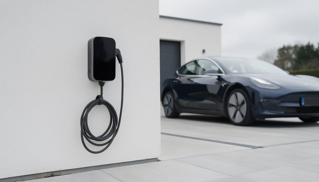 Black home EV charge point mounted on a house wall with the cable connected to a car on the driveway