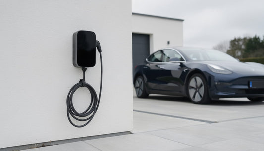 Black home EV charge point mounted on a house wall with the cable connected to a car on the driveway