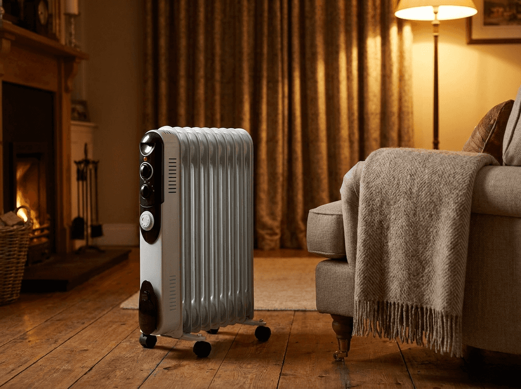 An oil filled electric radiator on castors warming an Irish living room in winter, beside an armchair