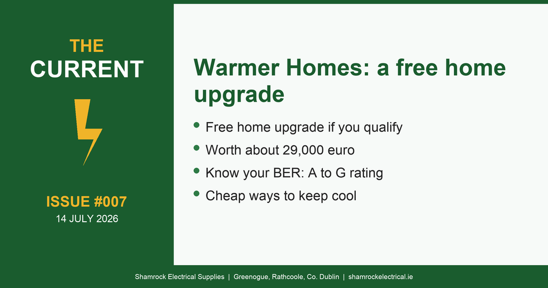The Current Issue 007: the Warmer Homes Scheme, a free home upgrade, Shamrock Electrical newsletter for Irish homeowners