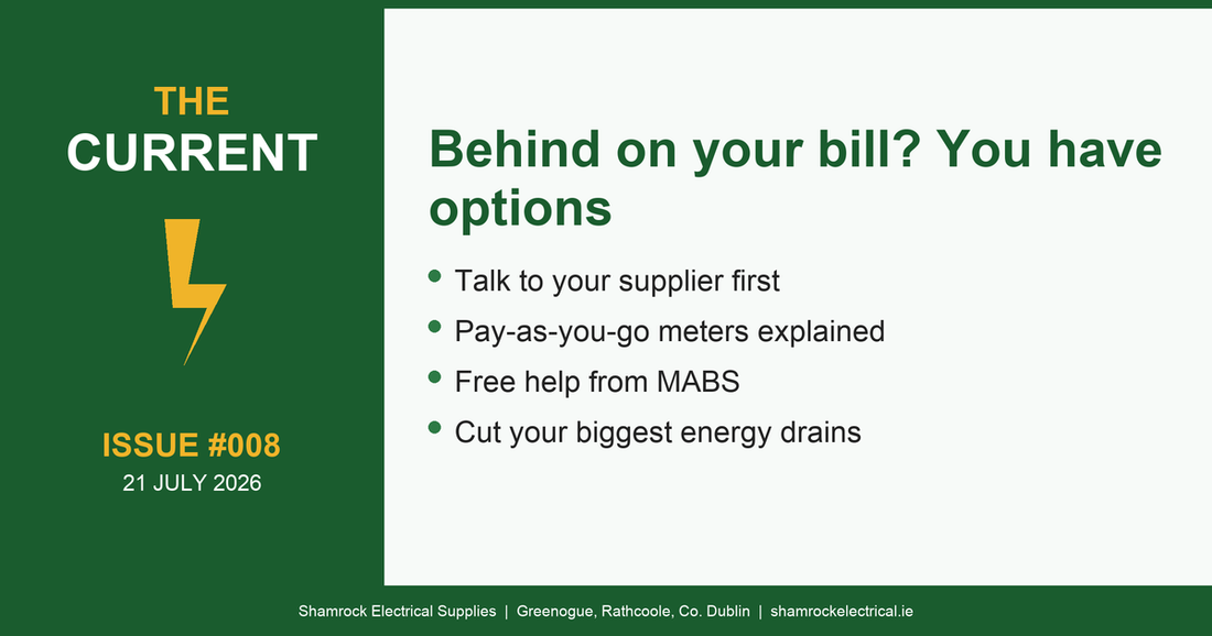 The Current Issue 008: behind on your electricity bill, you have options, Shamrock Electrical newsletter for Irish homeowners