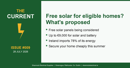 The Current Issue 9 hero graphic: free solar panels proposal and Ireland's energy import reliance
