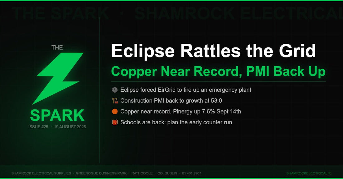 The Spark issue 25 from Shamrock Electrical: eclipse rattles the grid, copper near record, construction PMI back up