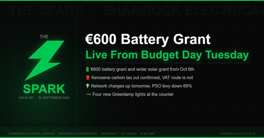 The Spark issue 31 from Shamrock Electrical: €600 battery grant lands on Budget day, wider solar grant, new Greenlamp lights