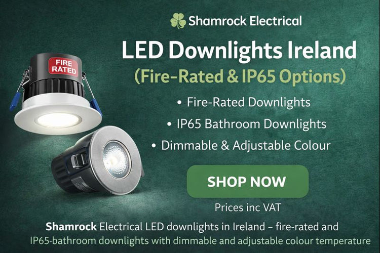 Shamrock Electrical LED downlights in Ireland – fire-rated and IP65 bathroom downlights with dimmable options and adjustable colour temperature