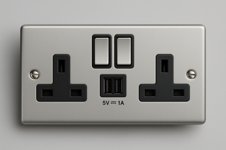Satin chrome 13A 2 gang twin switched socket with two USB charging ports and black inserts