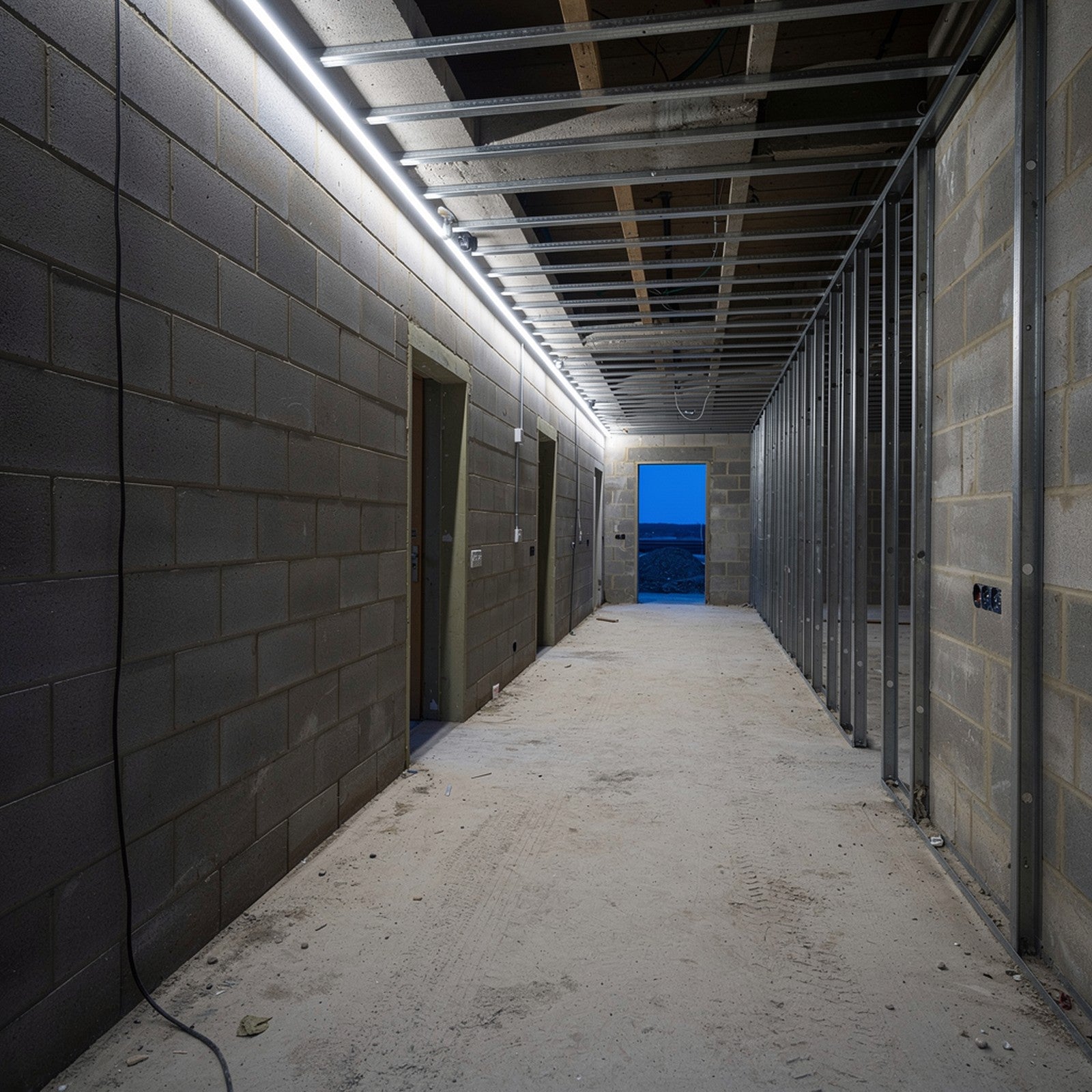 A 110V LED site lighting strip run along the wall of an unfinished corridor on a construction site, lighting the full length evenly in 6500K cool white with no dark gaps