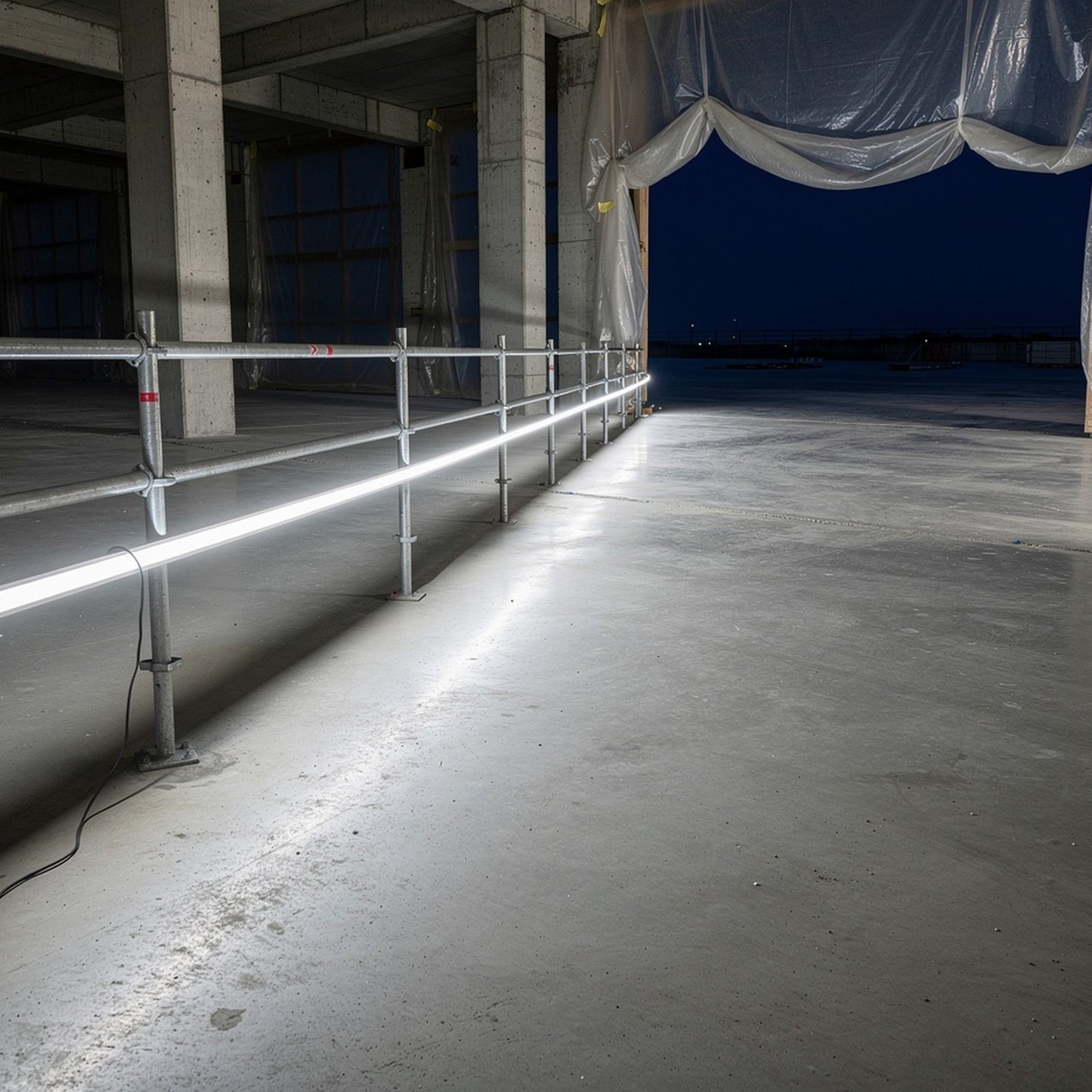 A 110V LED site lighting strip run along a scaffold guard rail on an unfinished concrete floor at night, lighting the full width of the area in 6500K cool white