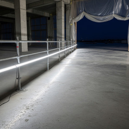 A 110V LED site lighting strip run along a scaffold guard rail on an unfinished concrete floor at night, lighting the full width of the area in 6500K cool white