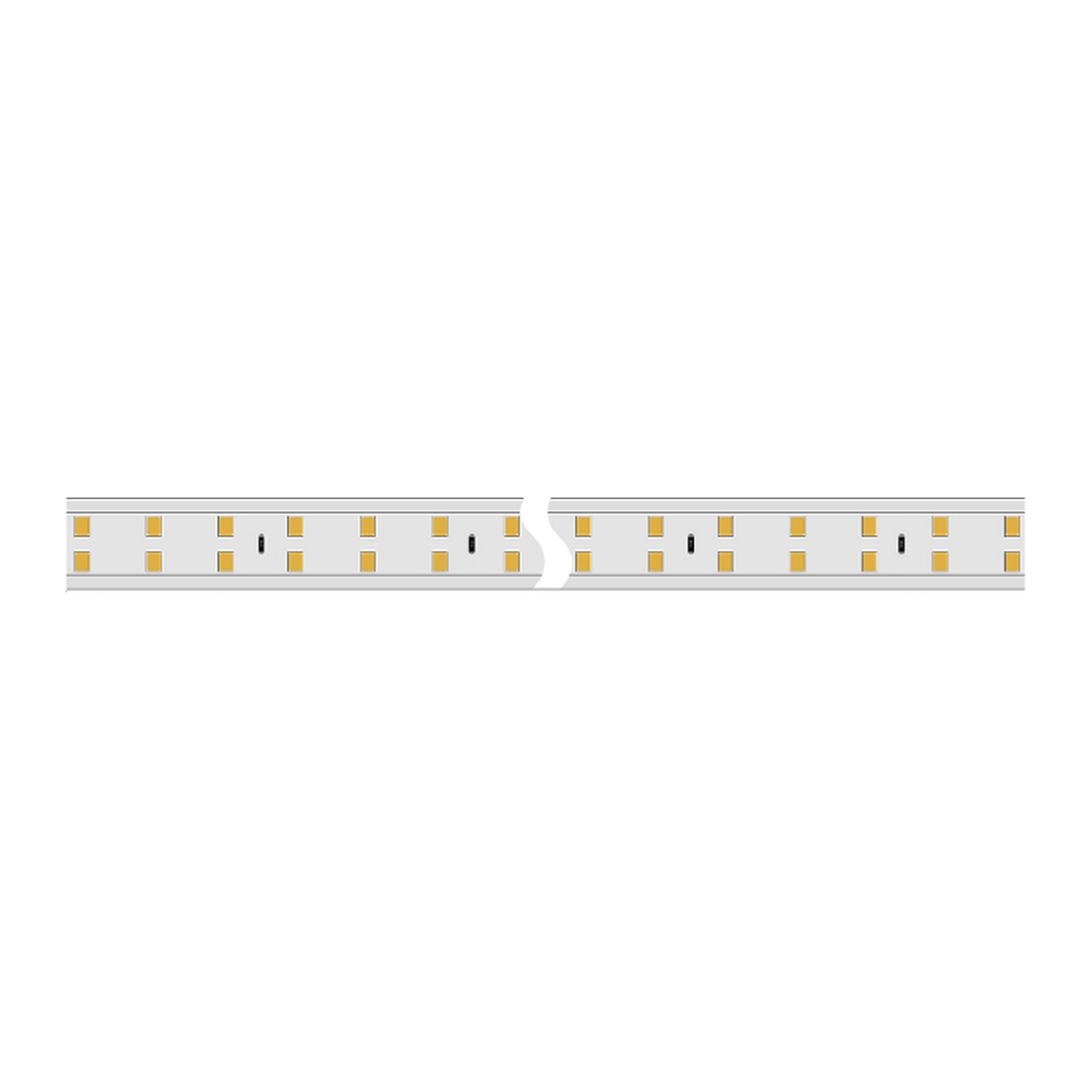 Close up of the Greenlamp 110V LED strip showing 180 SMD LEDs per metre sealed inside a clear IP65 PVC jacket