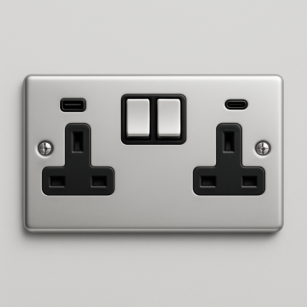 Satin chrome 13 amp 2 gang twin switched socket with 1 x USB A-port and 1 x USB C-port, black insert – Claddagh Collection.
