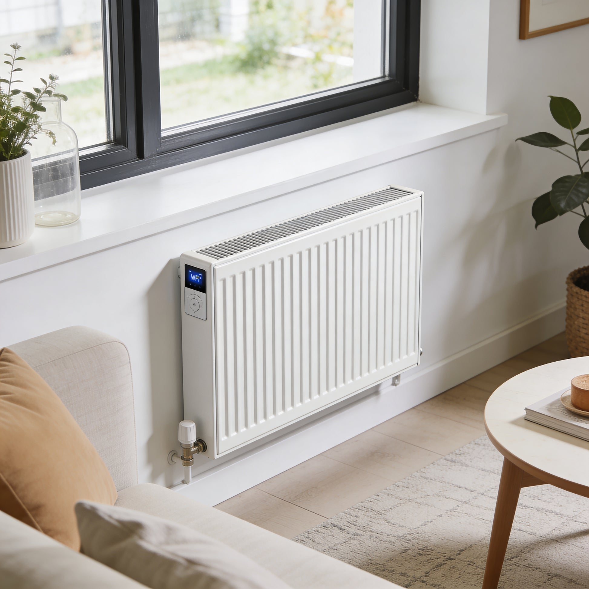 Titan Smart WiFi Electric Panel Radiator mounted on wall in contemporary Irish living room