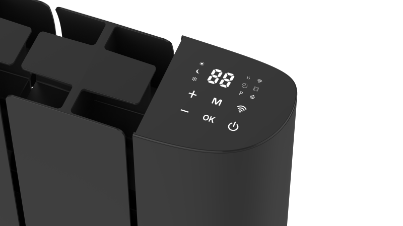Close up of the digital control panel on the black Titan smart WiFi electric radiator