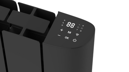 Close up of the digital control panel on the black Titan smart WiFi electric radiator