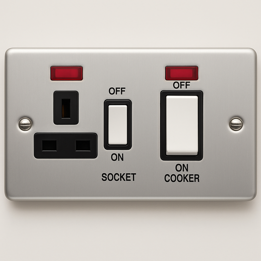 Satin Chrome 45A DP Switch & 13A Socket with Neon – Black Insert