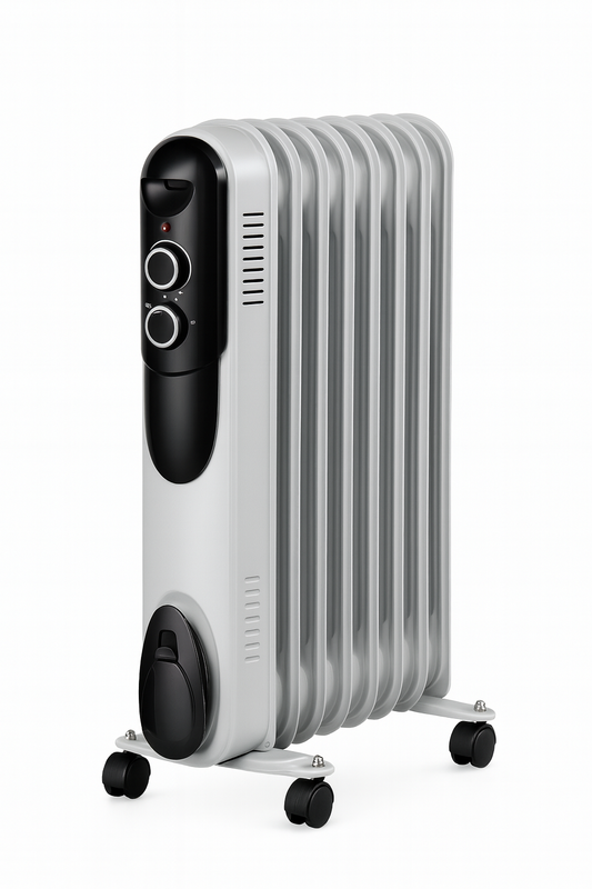 High-quality product image of a Titan 2kW oil-filled radiator with 9 fins, castor wheels and front control panel on a white background.