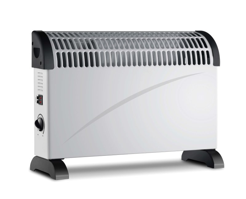 Titan 2kW convector heater in white with black feet, slim wall mountable metal body and side control dials