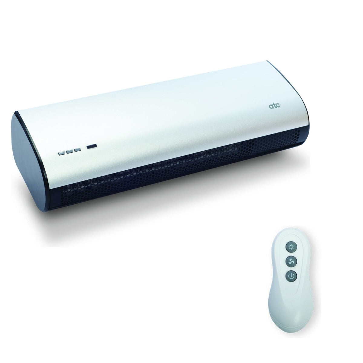 ATC Welcome over door heater shown with its white infrared remote control, which has heat, fan and power buttons.