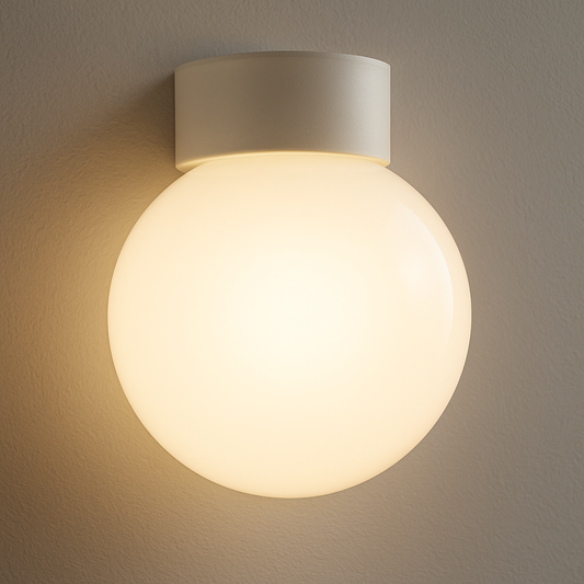 Close-up view of a bathroom globe light with white glass diffuser and bakelite cap.