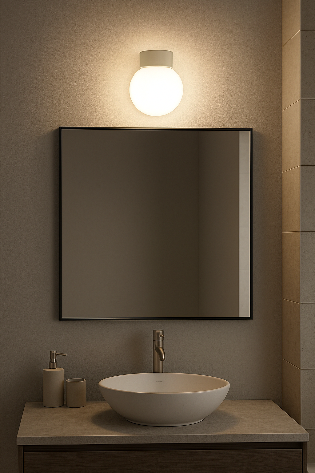 Bathroom globe light installed on a wall, illuminating a modern bathroom interior with soft white light.