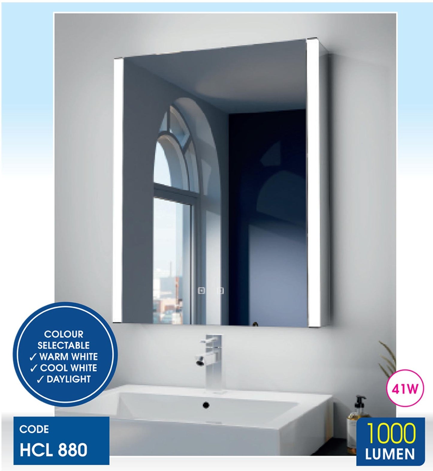 CABLED/880 LED mirror cabinet with dimmable lighting, anti-fog heater, USB port, and shaver socket – modern aluminium bathroom mirror cabinet with top, bottom, and front illumination.