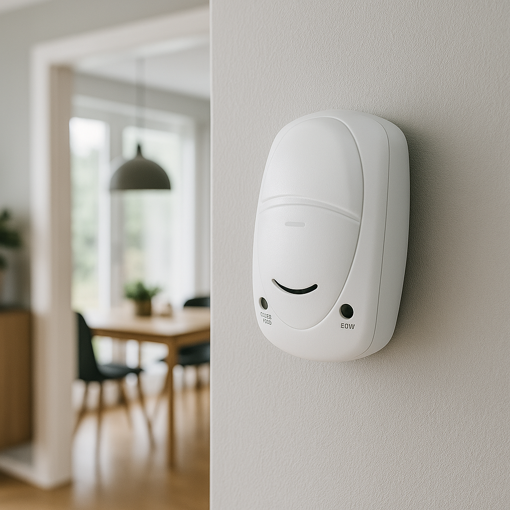 A white Evolec carbon monoxide alarm mounted on a wall in a modern home interior, providing reliable CO detection and safety.