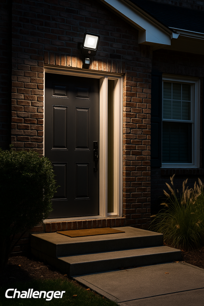A Challenger 50W LED Floodlight with PIR sensor illuminates the front entrance of a modern house, casting bright security lighting over the doorway and pathway at night.
