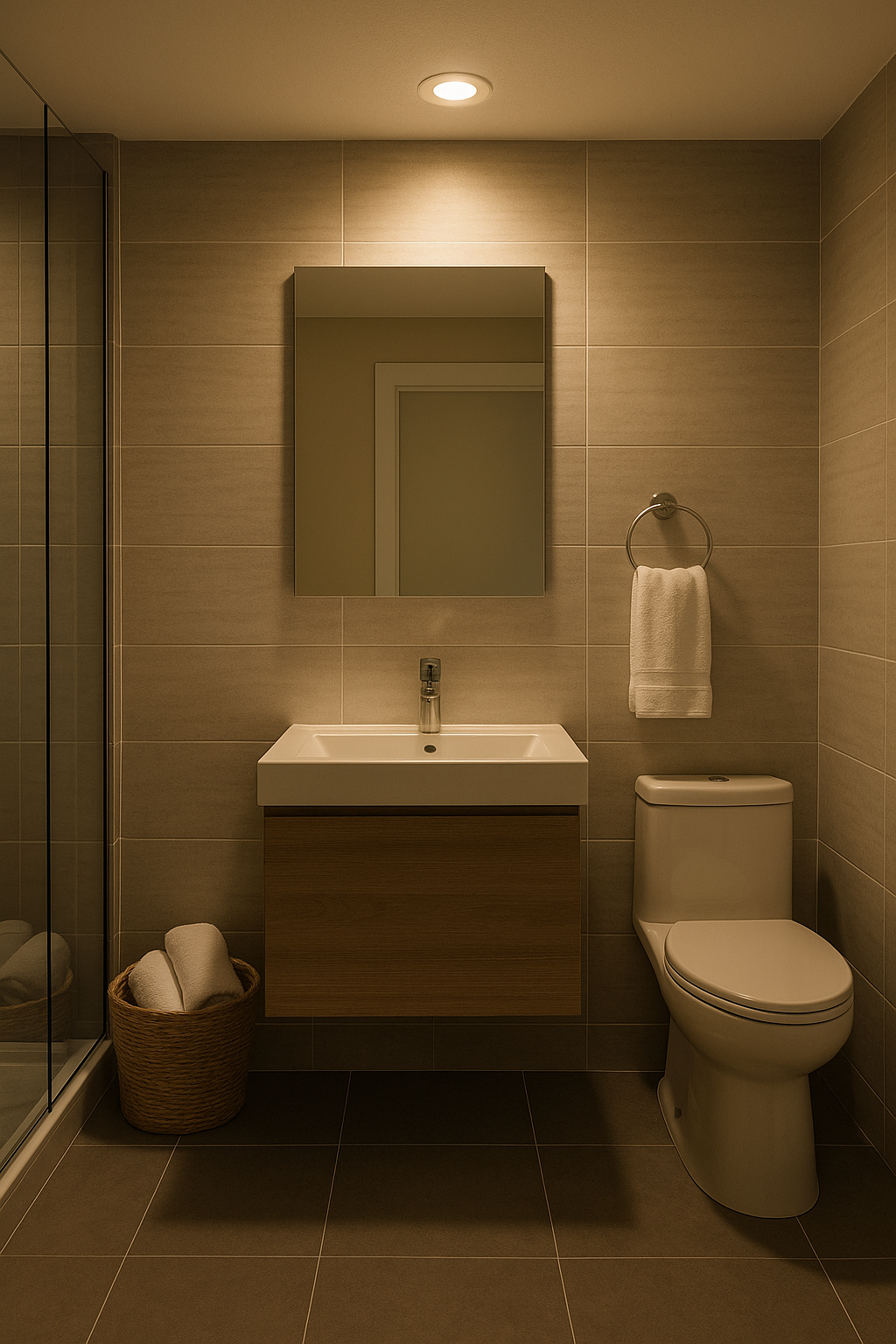 A modern bathroom with a floating wood vanity, tiled walls, and a basket of towels illuminated by a Chameleon fire-rated LED downlight.