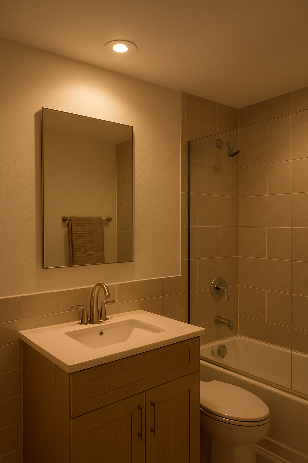 A contemporary bathroom with beige tiles and a wooden vanity lit by a warm Chameleon fire-rated LED downlight recessed in the ceiling.
