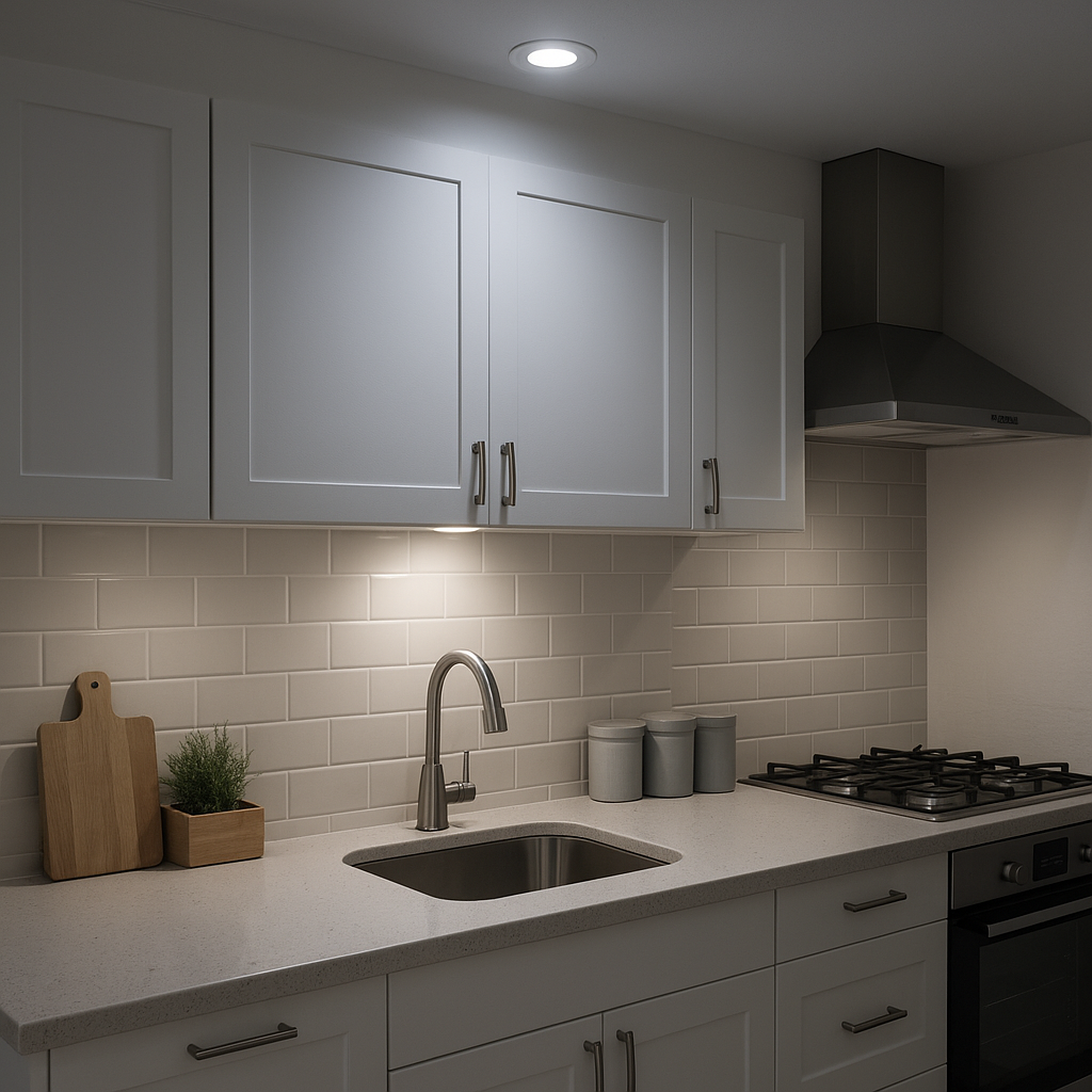 A modern kitchen illuminated by a Chameleon fire-rated LED downlight set to 6000K, highlighting white cabinetry, subway tiles, and a clean countertop.