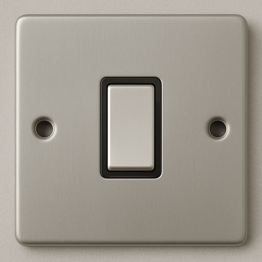 Satin chrome 1 gang 2 way light switch with black insert, Claddagh Collection round corner design.