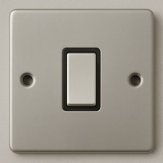 Satin chrome 1 gang 2 way light switch with black insert, Claddagh Collection round corner design.