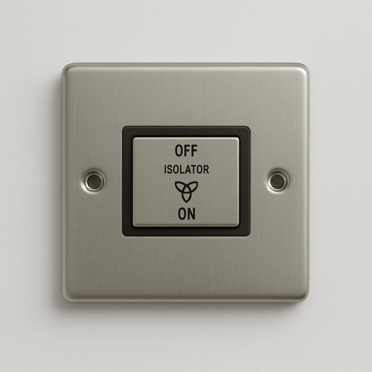 Satin chrome 10A 3 pole fan isolator switch with black insert, Claddagh Collection round corner design