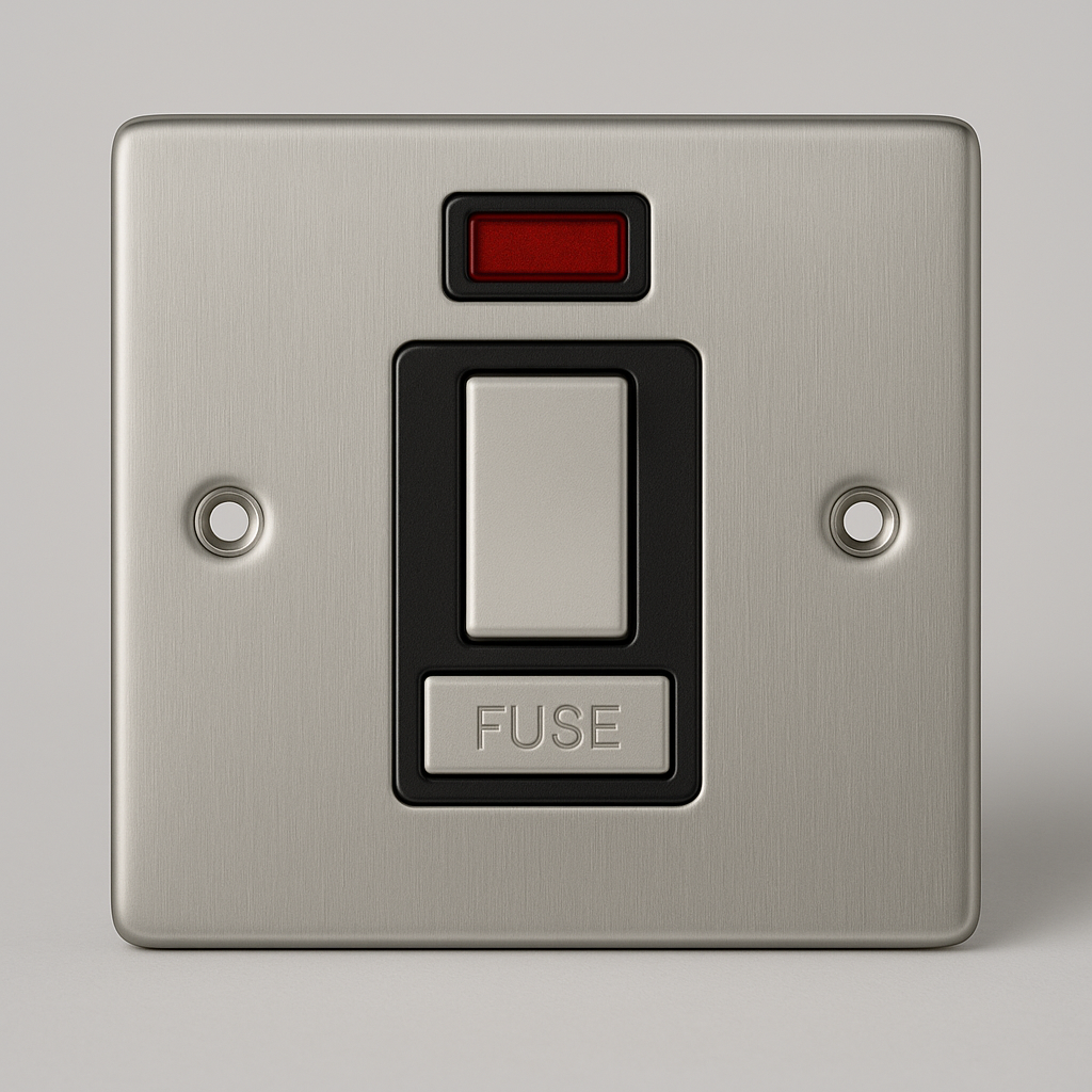 Satin chrome 13A double pole switched fused spur with red neon indicator and black insert, Claddagh Collection round corner design.