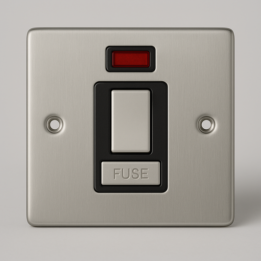 Satin chrome 13A double pole switched fused spur with red neon indicator and black insert, Claddagh Collection round corner design.